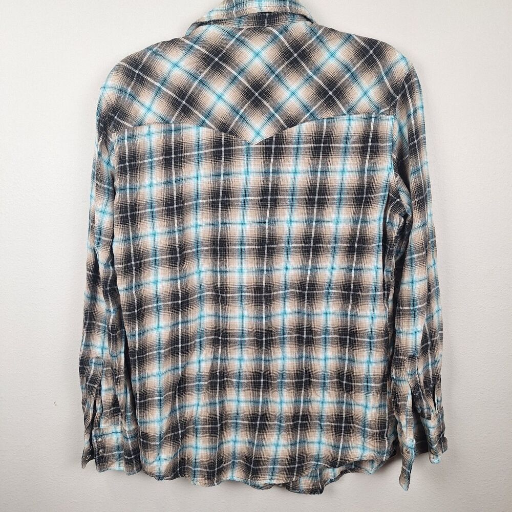 Wrangler Wrancher Soft Flannel Blue Plaid Western Shirt Pearl Snap Size Medium - Picture 7 of 7